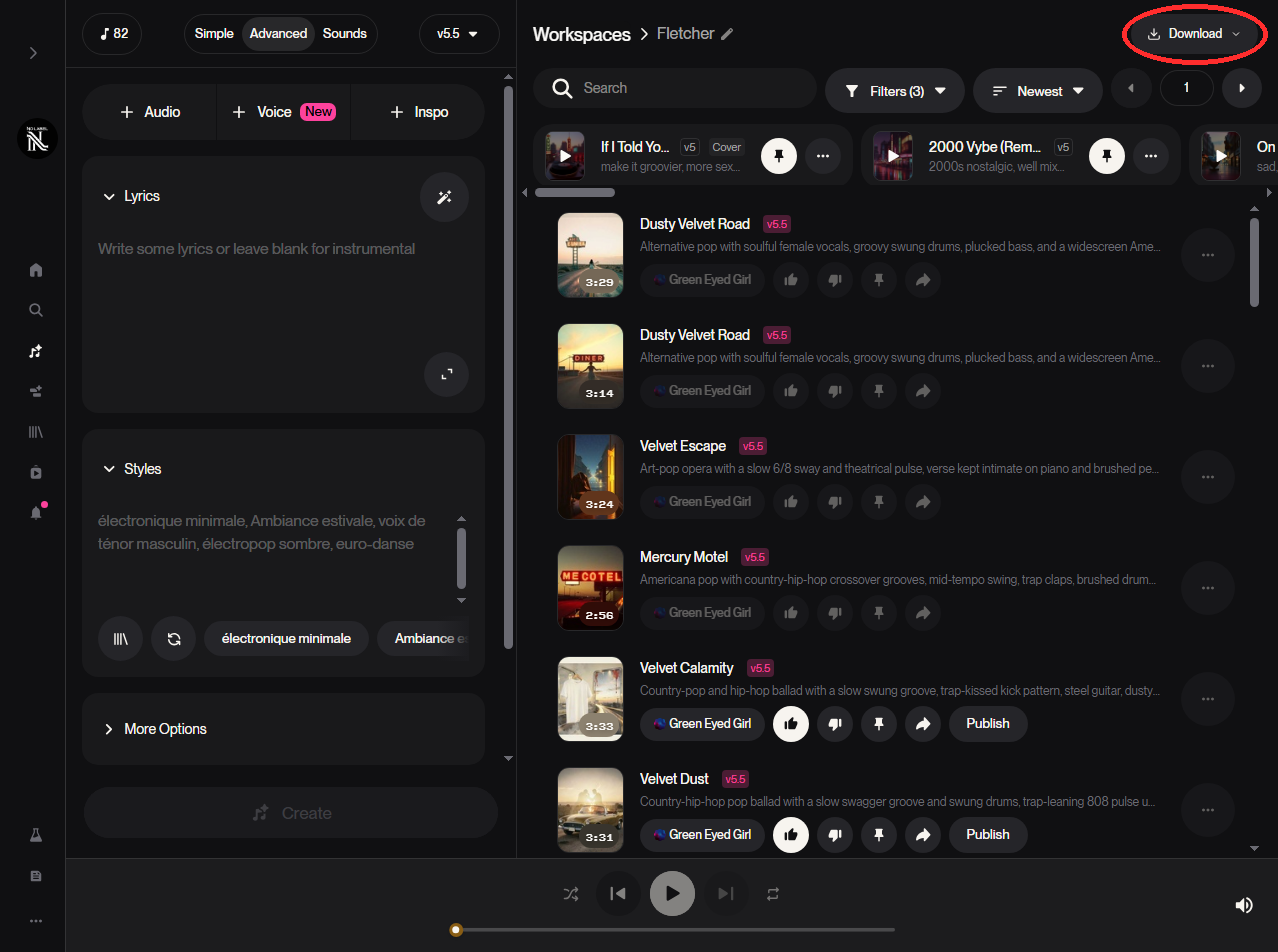 Suno workspace with the Suno Board Download button highlighted in the top bar for batch exporting songs