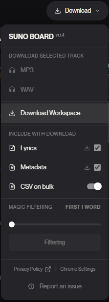 Suno Board download panel showing Lyrics, Metadata, CSV on bulk, and the Download Workspace button