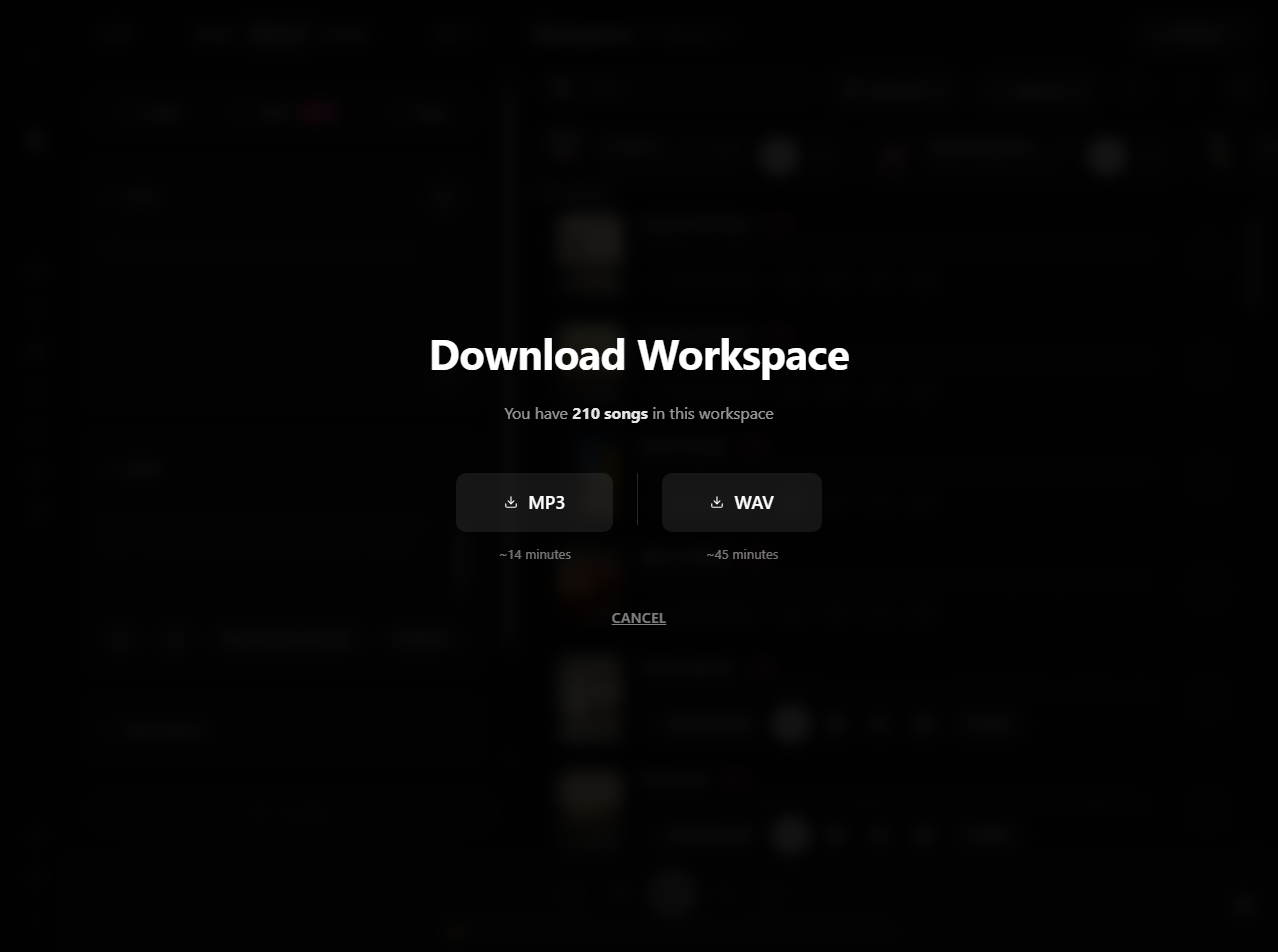 Suno Board Download Workspace screen showing MP3 and WAV options for exporting an entire Suno workspace