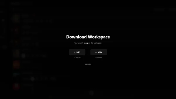 Suno Board Download Workspace modal showing 31 songs ready to export as MP3 or WAV