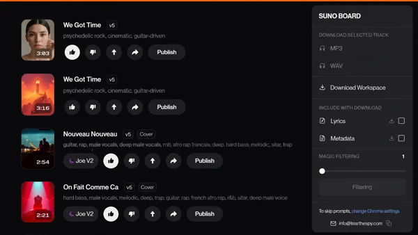 Suno Board panel showing MP3 and WAV download options for a selected track