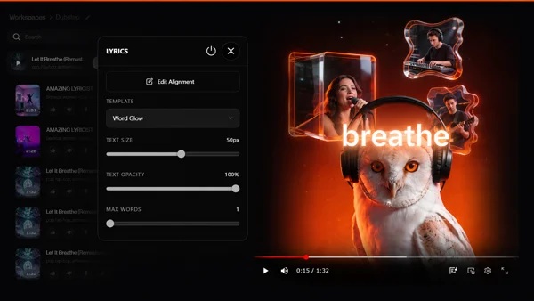 Suno Board lyric video maker showing Word Glow template with breathe lyric overlaid on owl artwork
