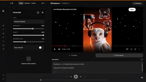 Suno Board video maker showing Particles Explode visualizer with owl artwork and matrix effects
