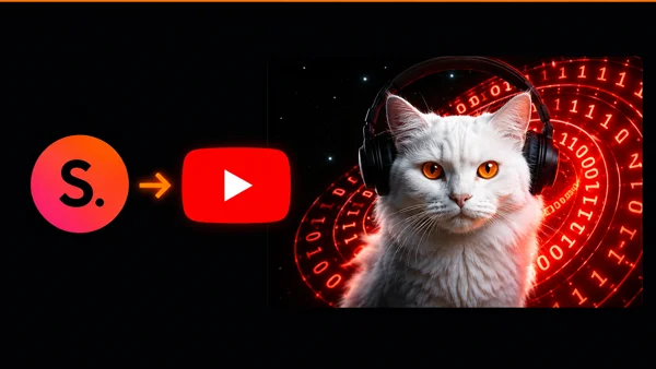 Suno Board landscape video canvas showing cat artwork with red circular visualizer for YouTube export